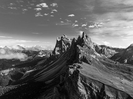 The peaks Sas Rigais and Furchetta of the Geisler group, drone image, black and white image, Val