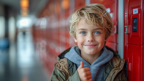 Cute caucasian school boy giving a thumbs up in the hallway of his school. generative AI, AI
