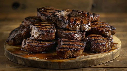 Plate with A stack of several grilled steaks. generative AI, AI generated