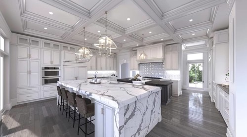 Modern kitchen with a stainless steel refrigerator and oven. Home renovation and upgrades, AI
