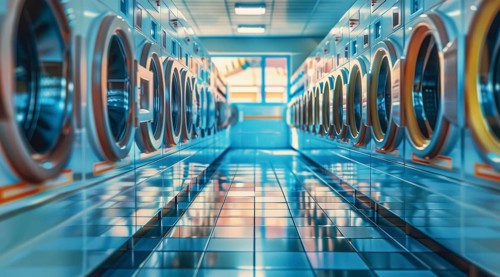 A row of silver washers and dryers are in a laundromat. Laundry place, AI generated