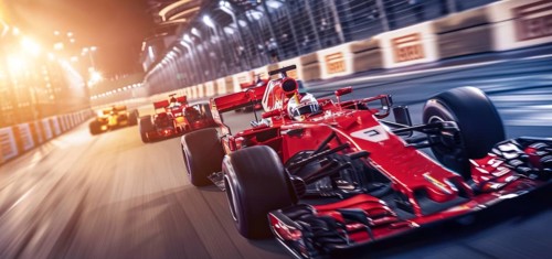 Two race cars are speeding down a track, auto racing competition, AI generated