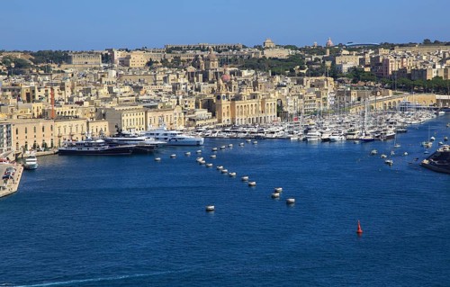 View of boats at moorings Grand Harbour Marina, Vittoriosa, Valletta, Malta, Europe