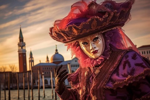 A person adorned in a richly detailed and colorful carnival costume, complete with an elaborate