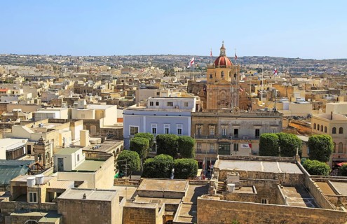 Domed roof of basilica St George church in town centre of Victoria Rabat, Gozo, Malta, Europe