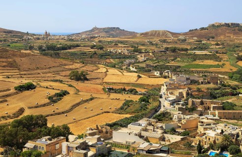 Rural landscape view from Rabat Victoria west towards Gharb, Gozo, Malta, Europe