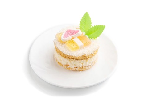 Decorated cake with milk and coconut cream isolated on white background. Side view, close up
