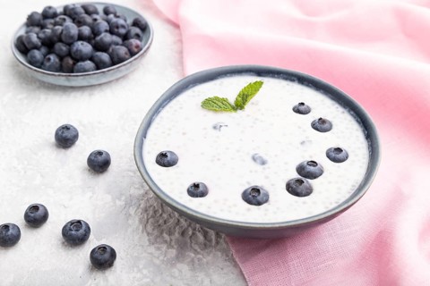 Yogurt with blueberry in ceramic bowl on gray concrete background and pink linen textile. Side