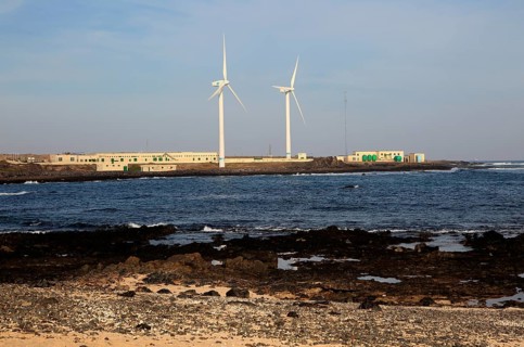 Wind turbines and desalination plant at Corralejo, Fuerteventura, Canary Islands, Spain, Europe
