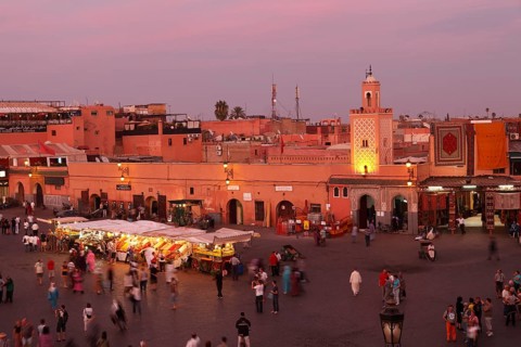 Restaurants in the evening on the Djemaa el Fna square in Marrakech, Morocco, Africa