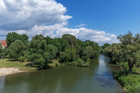 View of the Danube floodplains from the Stone Bridge, Regensburg, Upper Palatinate, Bavaria,