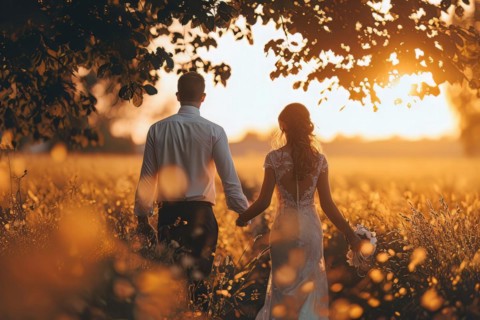 Affectionate romantic couple hugging at sunset during honeymoon in wedding dress, AI generated