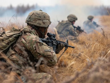 Soldiers and armed forces in trenches in regional conflict war holding weapons, AI generated