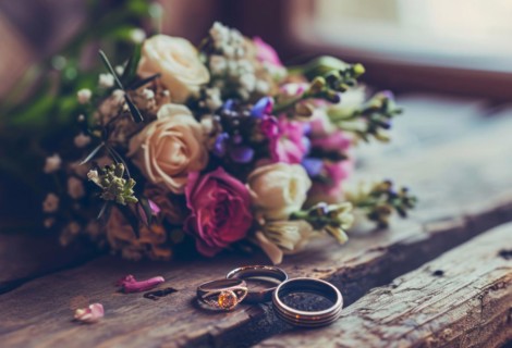Diamond wedding rings jewelry and flowers bouquet for the wedding engagement and honeymoon, AI