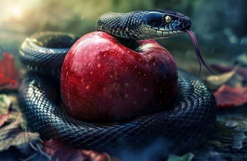 Temptation of Adam and Eve, forbidden fruit in garden of eden leads to primal sin, AI generated