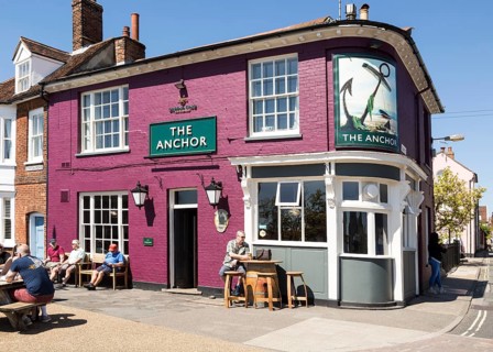 Newly painted The Anchor public house, Woodbridge, Suffolk, England, UK May 2018