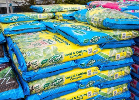 Bags of seed and cutting compost on sale Ladybird Nurseries garden centre, Gromford, Suffolk,