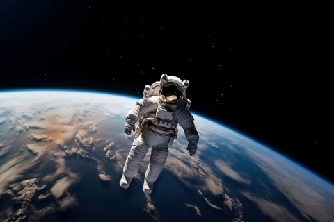 Astronaut Floating Above Earth in Space with extravehicular mobility unit and backpack. Wonder and