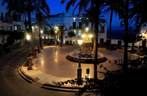 Street lights illuminating Plaza de Espana, Vejer de la Frontera, Cadiz Province, Spain, Europe