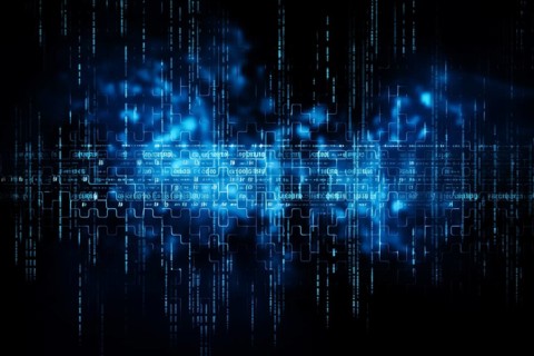 Blue dynamic digital data streams, showcasing flowing lines of code in a mesmerizing pattern, ideal