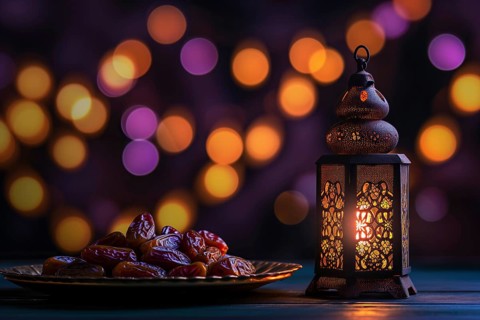 Ramadan lantern with a plate of succulent figs in violet purple tones, set on an ornate table with