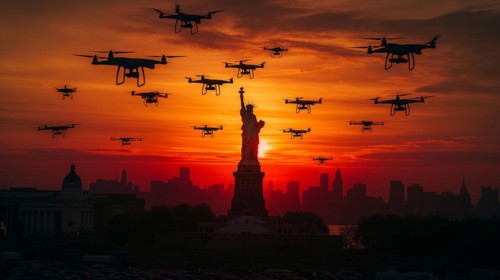 Swarm of UAV unmanned aircraft drones flying near the United States statue of liberty in new york,