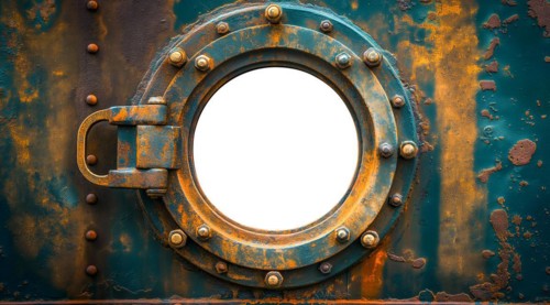 Vintage aged brass ship porthole mounted on a rusty iron hull with a white background. generative