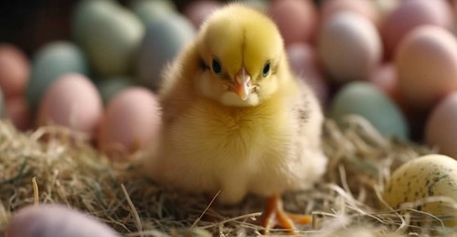 Cute newborn chick next to colorful easter eggs, generative AI, AI generated