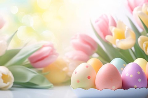Colorful Easter eggs with dots and tulip spring flowers in background. KI generiert, generiert AI
