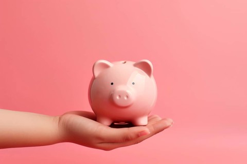 Hand holding piggy bank on pink background. KI generiert, generiert AI generated