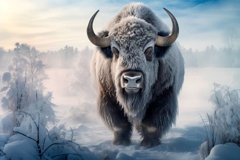Large male bison covered with ice walking in snow, AI generated