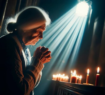 An old woman prays fervently with folded hands, Symbolic image believing, religious, prayer, AI