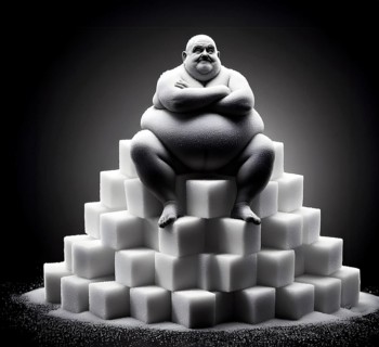 A severely overweight man with obesity sits on a pyramid of sugar cubes, symbolic image disease,