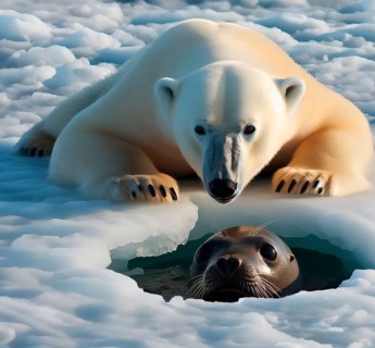 A polar bear at an ice hole hunting for a seal in the Arctic, AI generated, AI generated