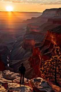 Sunrise over grand canyon in vibrant colors casting light on overhanging rock formations, AI