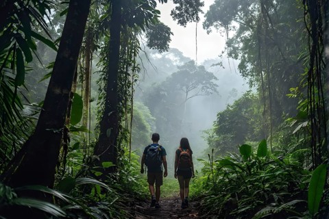 Adventurous couple hiking through dense amazon rainforest, AI generated