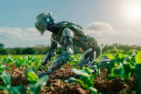 Vegetable humanoid robot working in a crop field, AI generated