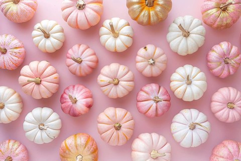 Top view of pink and golden pumpkins on pastel pink background. Generative Ai, AI generated