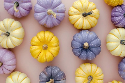 Op view of yellow and purple pumpkins on pastel background, Generative Ai, AI generated