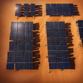 Complex layout of a photovoltaic power plant symmetrically arranged in rows of solar panels, AI