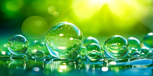 A cluster of iridescent vibrant green oil bubbles floating on a water surface, AI generated