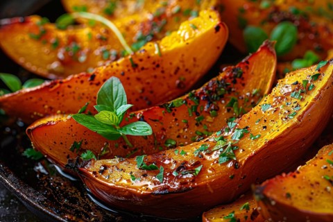 Close up of baked pumpkin wedges with seasoning. Generative Ai, AI generated