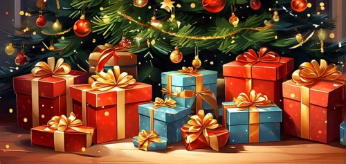 Abstract illustration of wrapped Christmas gifts, shiny ribbons and bows, stacked under a evergreen