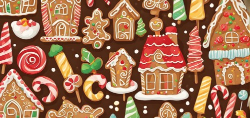 Abstract wallpaper illustration of of gingerbread house decoration, AI generated