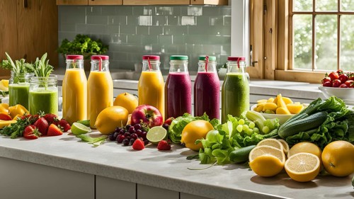 Smoothie surrounded by an assortment of fruits and vegetables, AI generated
