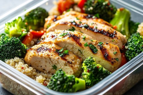 Meal prep with healthy grilled chicken breast, broccoli vegetable and quinoa. Generative Ai, AI