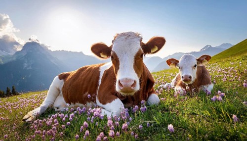 A brown cow and a calf resting on an alpine meadow, Studio, KI generated, AI generated