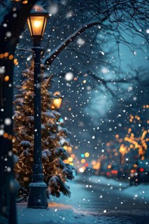 Christmas Eve with snowflakes fall under the light of a streetlamp with a decorated tree in the