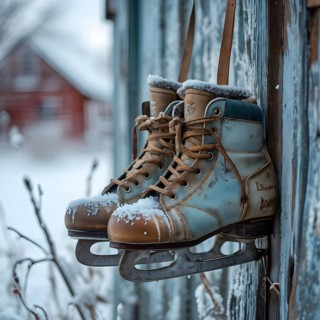 Pair of vintage ice skates hanging by their laces on an old wooden fence with frost and snow gently