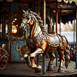 Carousel horse rusted and chipped paint embodying forgotten childhood dreams, AI generated